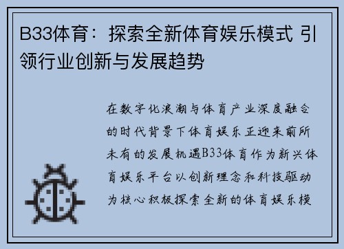B33体育：探索全新体育娱乐模式 引领行业创新与发展趋势